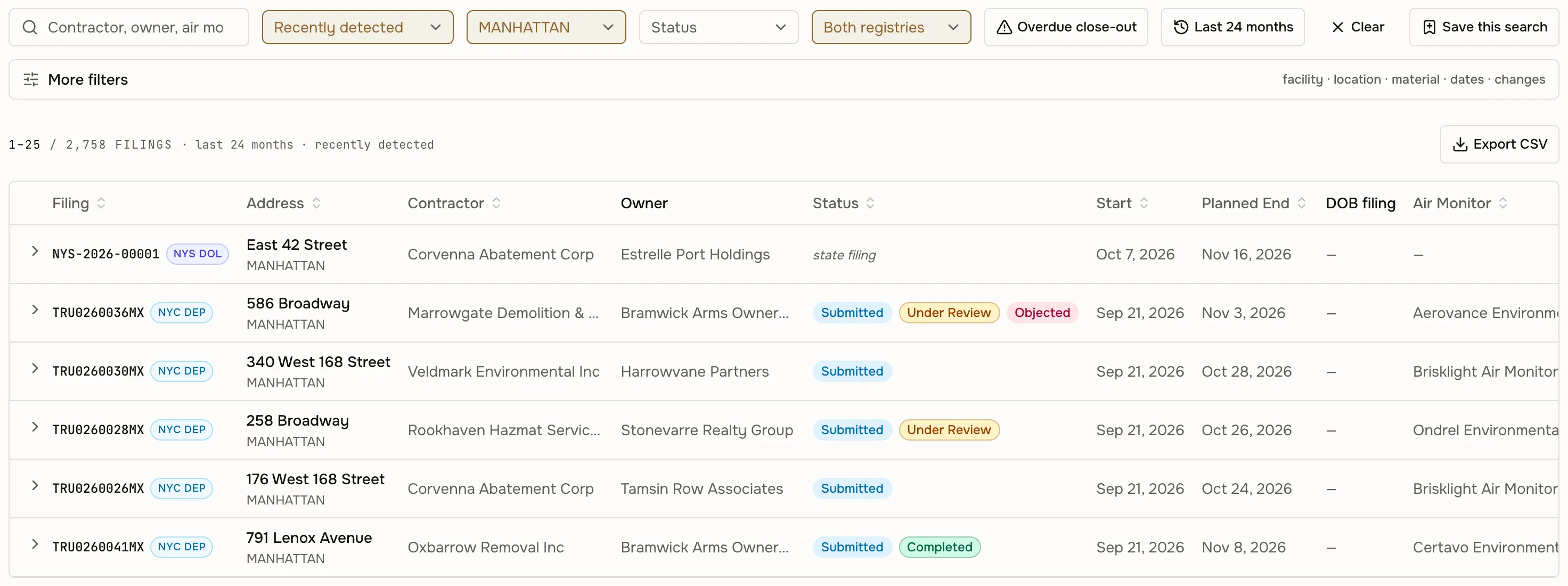 Asbestos filings list with registry and status filters