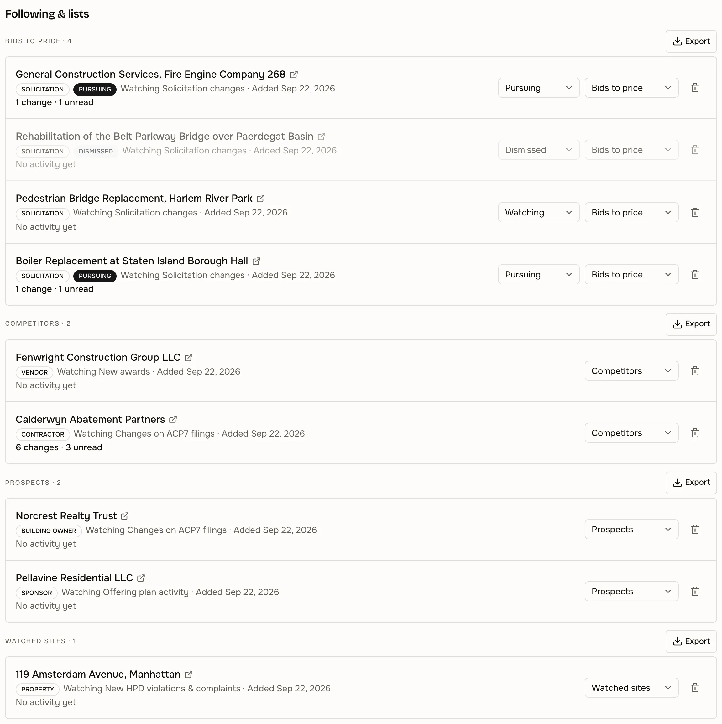 Followed records organised into named lists