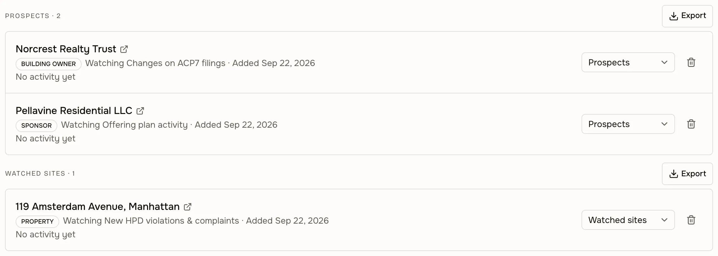Followed sponsor and watched property in lists